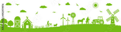 Eco farm agriculture icon set, green countryside landscape with tractor barn animals trees and renewable energy symbols on transparent background