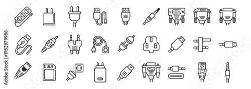 line style vector icons of various electronic connector plugs and adapter cables on transparent background