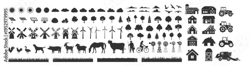 Farm agriculture icon set, rural landscape with tractor barn animals trees windmill and solar symbols on transparent background