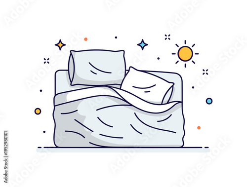 Cozy morning bedding scene with slightly rumpled sheets and a small sun icon suggesting a slow gentle start to the day. The composition communicates warmth and