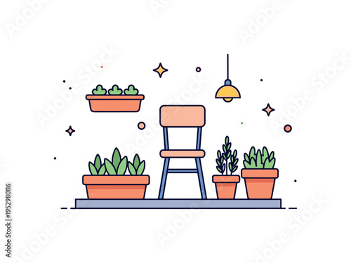 Urban backyard garden showing compact planters arranged on a small patio with a simple chair and potted herbs. The scene highlights creative use of limited