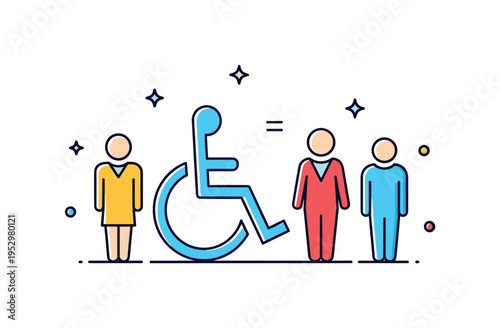 Accessibility and inclusion illustration showing a wheelchair symbol integrated seamlessly alongside standing human icons, expressing equal participation and