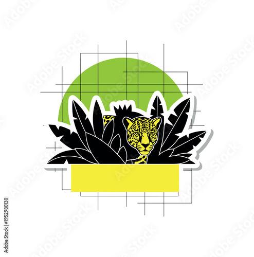 Realistic black and white jaguar silhouette partially hidden among abstract jungle shapes, strong lime green circle backdrop, bright yellow rectangular accent