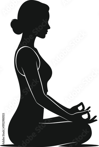 A black silhouette illustration of a woman meditating in a lotus yoga pose showing calm and relaxation