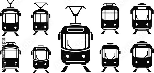 Collection of tram streetcar silhouette vector illustration set urban transport railway vehicle design public transit graphic artwork city