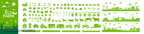 Eco farm icon collection with rural landscape, windmills, animals, tractors, trees, and sun on transparent background