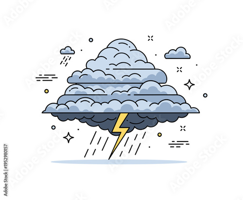 Dramatic storm cloud formation centered on a dense layered cloud mass with subtle lightning accent and rain lines, expressing power and changing weather