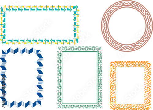 Circular and rectangular ornamental frames with turquoise and orange filigree design set