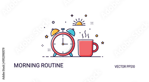 Morning routine ritual centered on an alarm clock icon paired with a steaming mug and small rising sun symbol. The compact composition expresses energy,