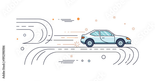 High speed pursuit with a sleek car racing forward leaving dynamic motion lines behind symbolizing urgency and adrenaline. Subtle spark accents and curved road