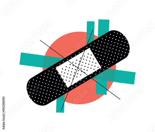 black and white adhesive bandage enlarged diagonally, framed by bright coral circular form and teal geometric bars, thin intersecting lines symbolizing care