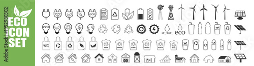 eco energy and sustainability icons with plug, battery, solar panel, windmill, and recycle symbols on transparent background