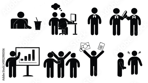 Illustrations depicting various office and workplace scenarios and activities