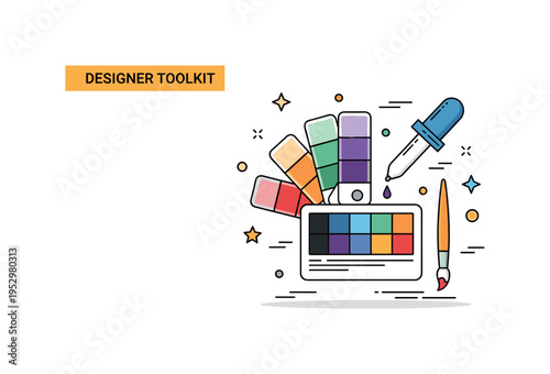 Designer toolkit color palette scene built around a compact arrangement of swatches, an eyedropper, and a small brush icon, expressing creativity, precision,