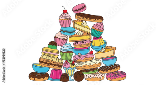 A colorful and vibrant stack of various sweet baked goods and desserts on display