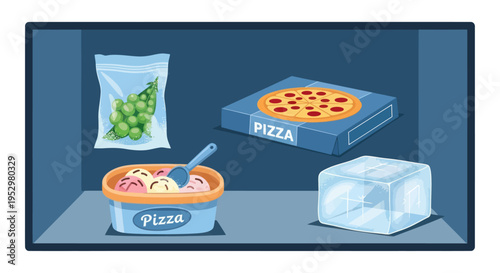 Freezer with Frozen Food: Grapes Pizza Ice Cream and Ice Cube.