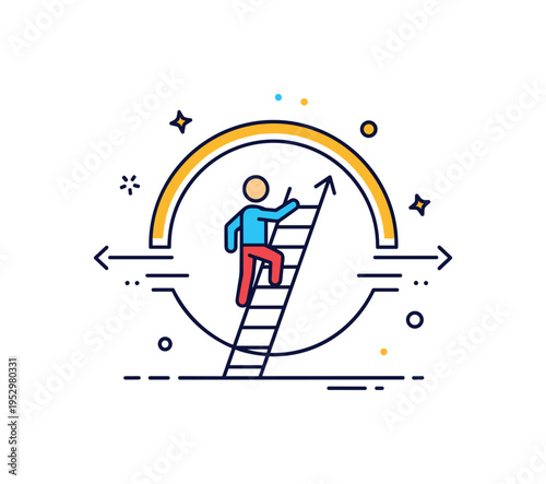 Career growth retention strategy featuring a simplified employee figure climbing a small upward ladder within a circular badge, symbolizing promotion pathways