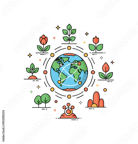 Ecosystem diversity illustration with multiple simplified plant icons arranged around a central globe symbolizing global biodiversity and interconnected