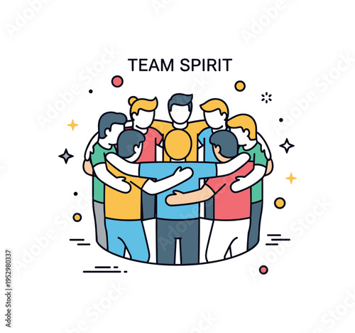 Team spirit hug scene centered on teammates in a circle with arms linked, expressing cooperation and shared motivation. Clean spacing highlights the collective