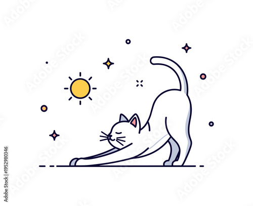 Cat stretching with arched back and extended paws beside a small sun icon, symbolizing flexibility, vitality, and morning routine. A light and optimistic