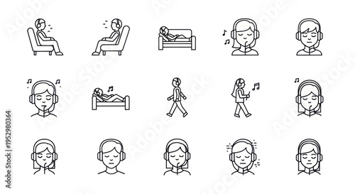A set of black and white line art icons depicting people relaxing sleeping and listening to music with headphones for mental well-being.