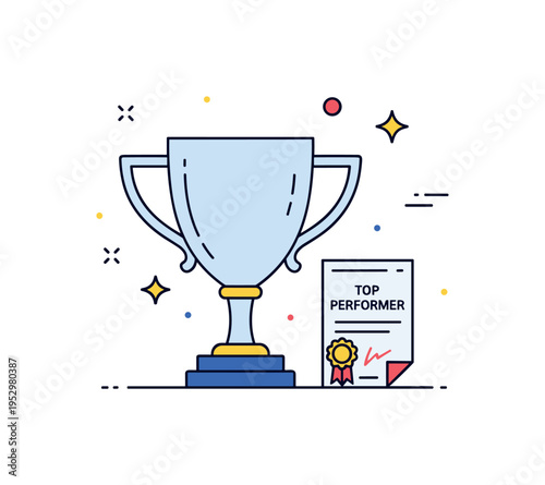 Corporate excellence recognition featuring a sleek trophy cup beside a tiny certificate icon labeled Top Performer, symbolizing professional success and career