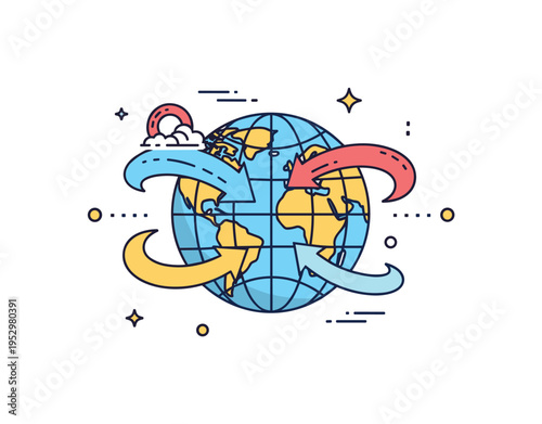 Equatorial ocean currents idea showing a globe with smooth curved arrows flowing around the central latitude, symbolizing global circulation patterns. The