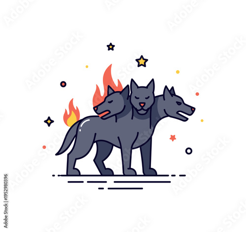 Cerberus mythological guardian concept featuring a compact three headed dog silhouette standing firmly with subtle flame accents behind. The scene conveys