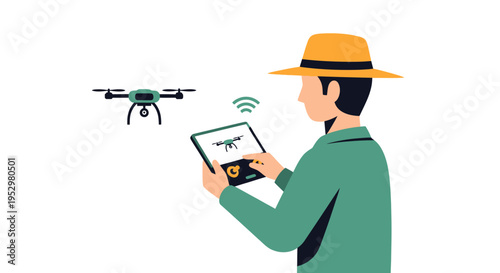 A man in a yellow hat operating a quadcopter drone with a tablet controller.