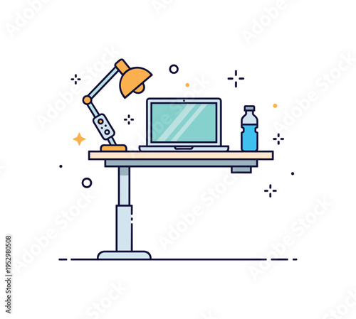 Standing desk remote setup centered on an adjustable desk with laptop and water bottle, symbolizing healthy work habits and ergonomic awareness. The
