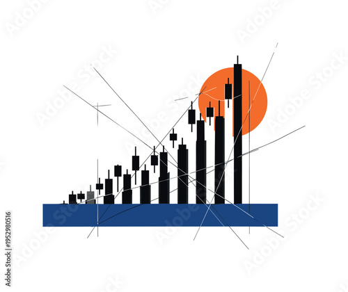 Black and white candlestick chart bars rising diagonally upward, bright orange circular halo behind the tallest bar symbolizing peak price, deep blue