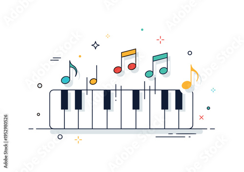 Piano melody concept centered on simplified piano keys with rising note icons, expressing elegance and harmonious flow. The layout feels refined and balanced.