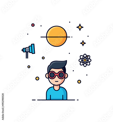 Eclipse viewing experience featuring a small human silhouette looking upward with protective glasses icon and a partially covered sun above, symbolizing