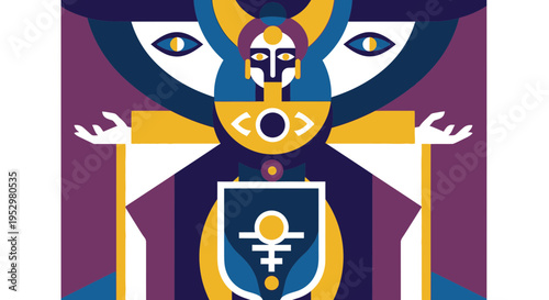 Abstract geometric figure with eyes and symbolic imagery.
