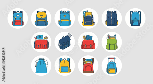 Colorful Illustrated Collection of Various Backpack Designs for School.