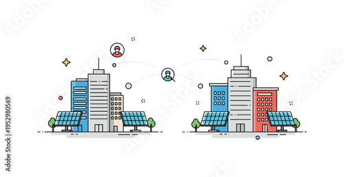 Sustainable smart infrastructure solar panels and connected buildings linked by subtle network arcs, conveying environmentally conscious IoT integration in