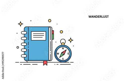 Wanderlust documentation icon scene notebook combined with small compass symbol and subtle sparkle accents, capturing curiosity, storytelling, and lifelong