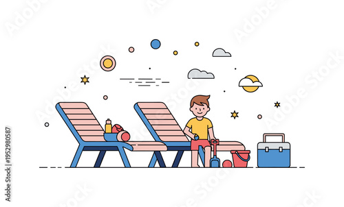 Seaside holiday relaxation featuring two lounge chairs, a child with a bucket and shovel, and a small cooler forming a cohesive beach scene that suggests rest