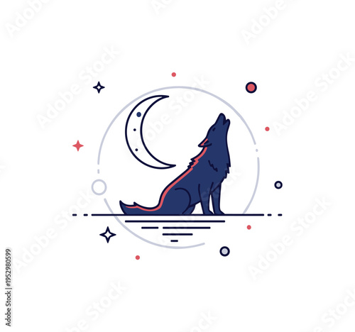 Moon and wolf silhouette with a small howling figure positioned against a glowing lunar circle. The image captures wilderness, instinct, and dramatic night