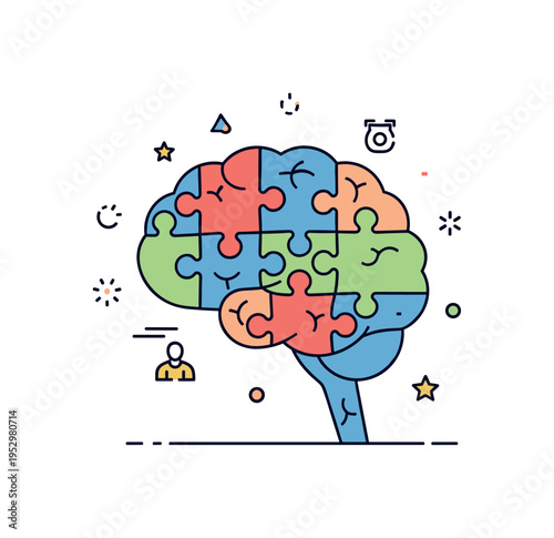 Brain training puzzle challenge illustrated through interlocking puzzle pieces forming a compact brain silhouette, symbolizing problem solving, logic