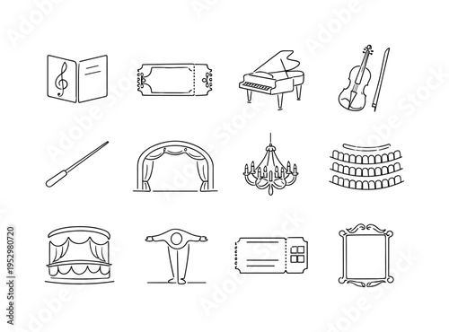 Opera and Classical Performance Programs. Minimalistic set one-line drawing [opera program booklet, ornate theater ticket, grand piano, violin, conductor