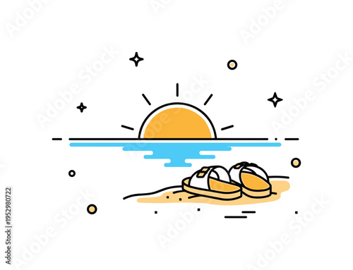 Golden hour by the sea bright sun half hidden behind the ocean line with a pair of sandals resting on the sand, evoking relaxed coastal evenings and warm