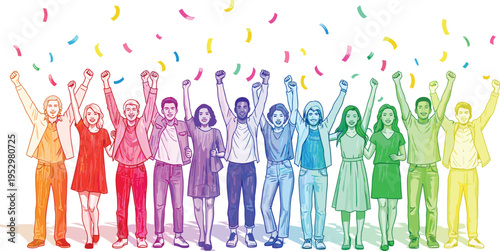 Diverse group of happy people celebrating with raised hands and falling confetti in a vibrant rainbow color gradient for pride and unity.