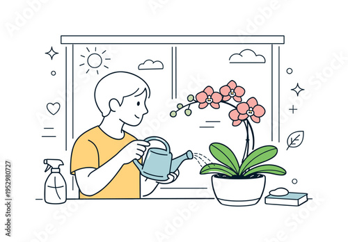 Orchid care. A person gently watering an orchid plant on a windowsill, showing mindful daily care. Peaceful home atmosphere with light abstract accents.