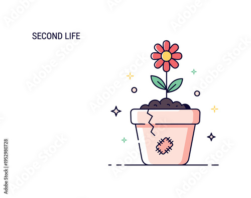 Second life plant pot showing an old ceramic container with a repaired crack marked by a simple patch detail and a blooming flower rising from dark soil. A