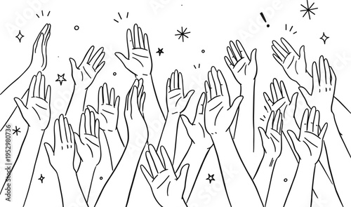 Crowd of hands raised in celebration line art illustration symbolizing unity, community support, success, and diverse group participation for creative projects.
