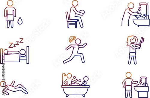 Daily routine and personal hygiene icon set featuring sleeping, bathing, washing hands, hair brushing, and exercise in a modern gradient line style.