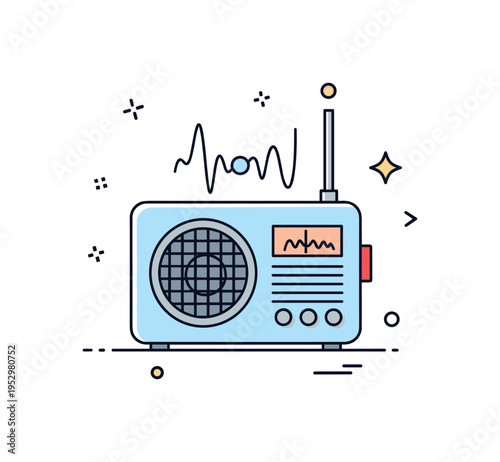 Analog radio waves vintage style radio device with rounded speaker grid and subtle wave lines rising from the top, expressing classic broadcasting and timeless