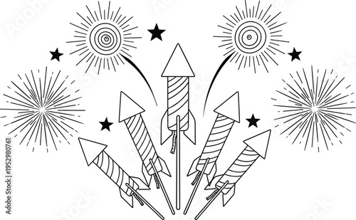 Fireworks and rockets line art illustration with stars and bursts for celebration, New Year, and festival coloring book or design.