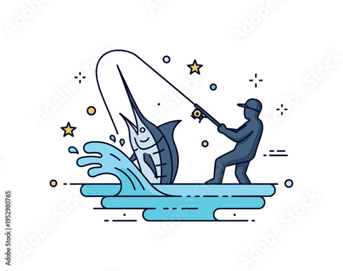 Big game fishing moment fisherman silhouette bracing against a strong pull with a large marlin shape emerging from stylized water, symbolizing challenge and